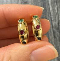 Vintage Emerald, Ruby, and Sapphire Huggie Earrings