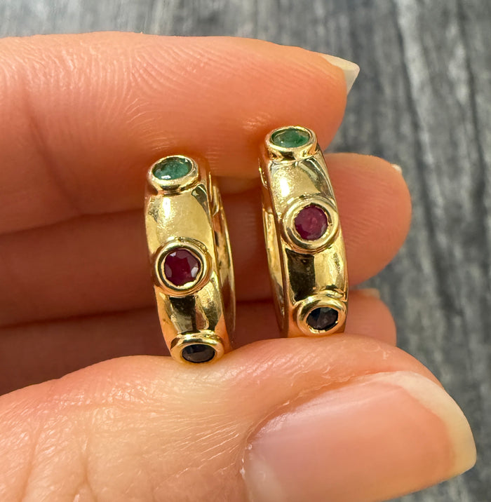 Vintage Emerald, Ruby, and Sapphire Huggie Earrings
