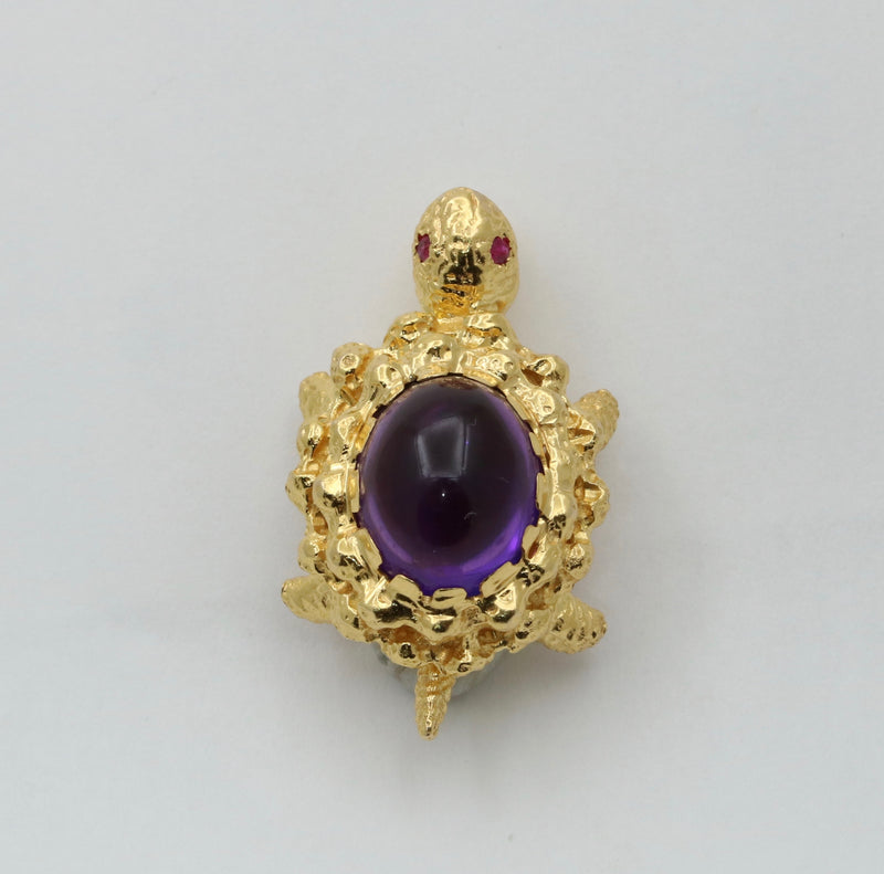 Vintage Amethyst and 18K Gold Turtle Pin, 3 of 4