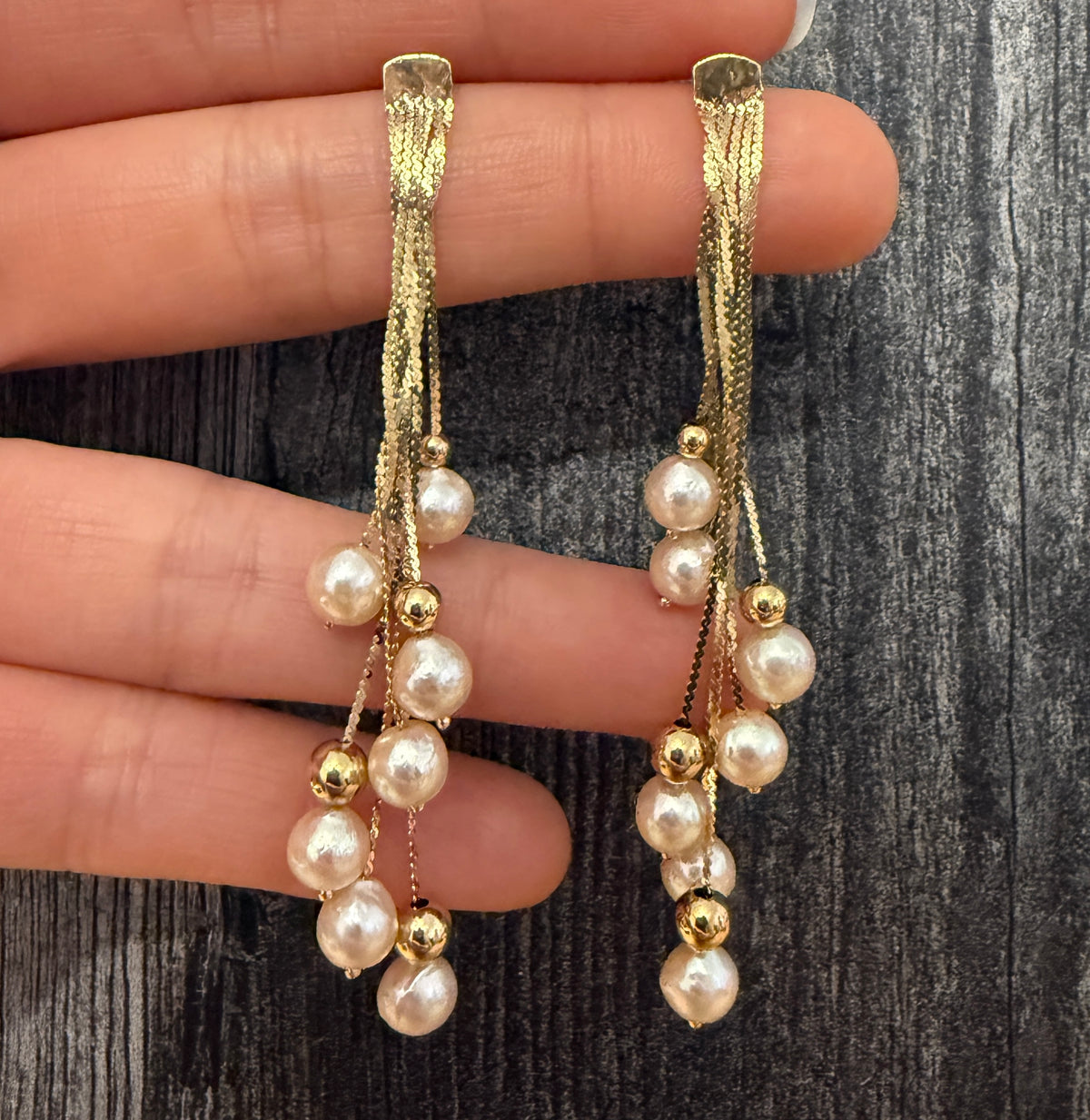 Cascading Pearls and 14K Gold Chain Earrings