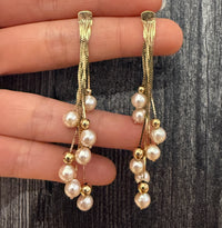 Cascading Pearls and 14K Gold Chain Earrings