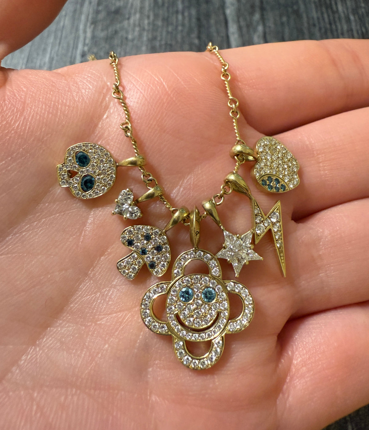 Eyefunny Charm Collection Necklace with Smiley Face, Star, Mushroom, Lightning Bolt, Apple, and Heart