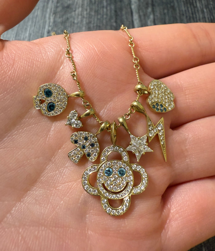 Eyefunny Charm Collection Necklace with Smiley Face, Star, Mushroom, Lightning Bolt, Apple, and Heart