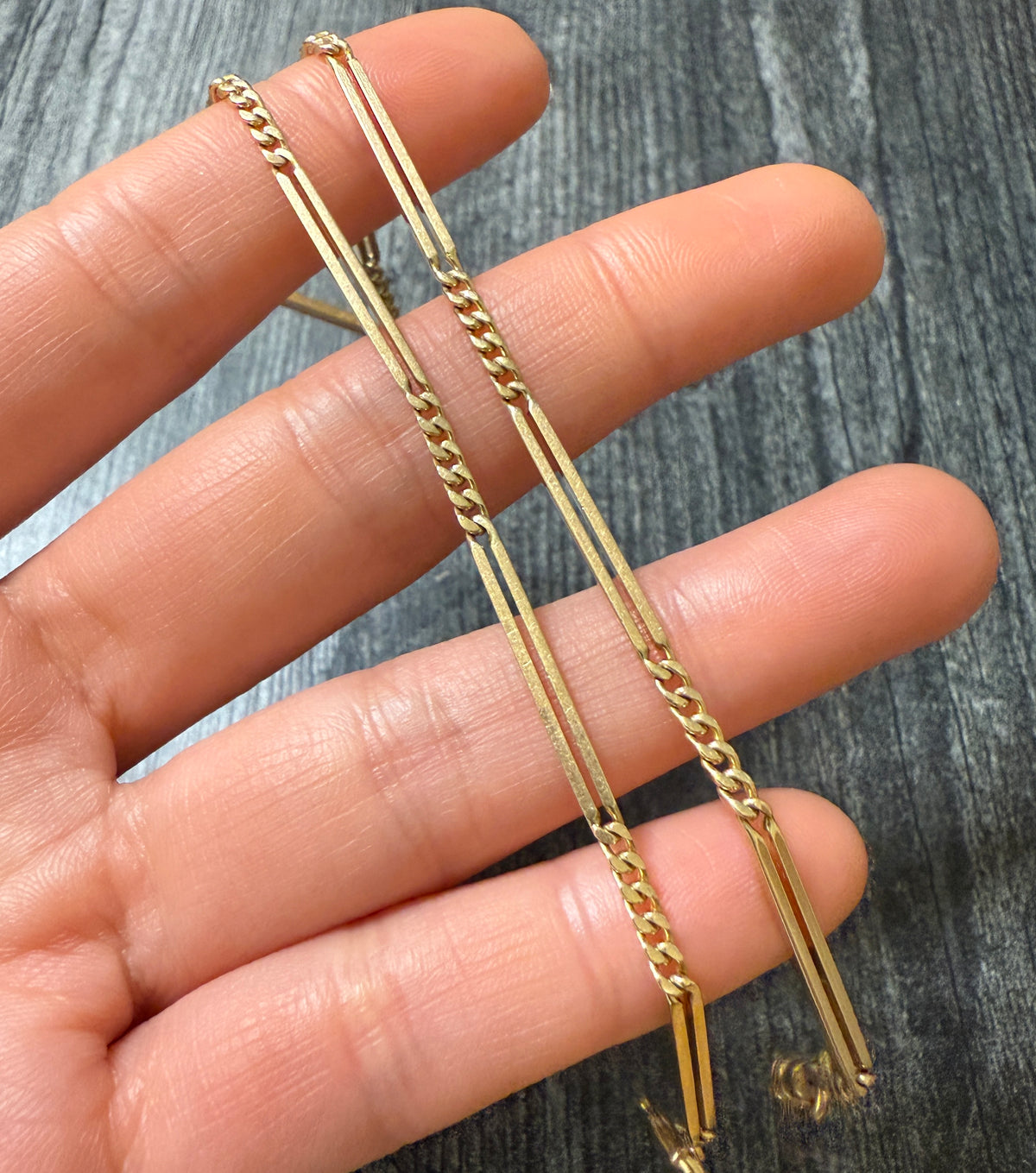 Antique 14K Gold Curb and Bar Link Watch Chain, 14" Long