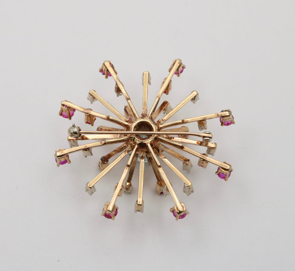 Retro Aquamarine, Diamond, and Ruby Starburst Brooch