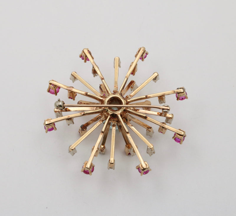 Retro Aquamarine, Diamond, and Ruby Starburst Brooch