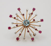 Retro Aquamarine, Diamond, and Ruby Starburst Brooch