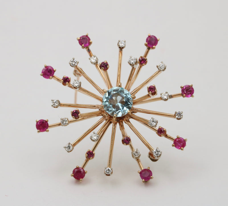 Retro Aquamarine, Diamond, and Ruby Starburst Brooch
