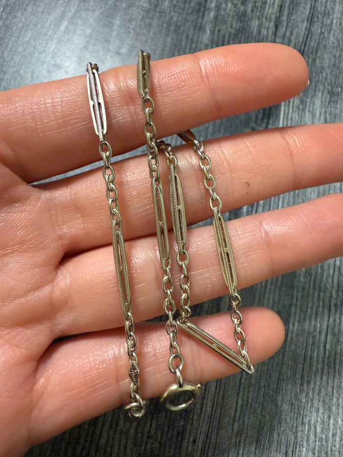 Art Deco 14K White Gold Trombone Bar Link Watch Chain (I)