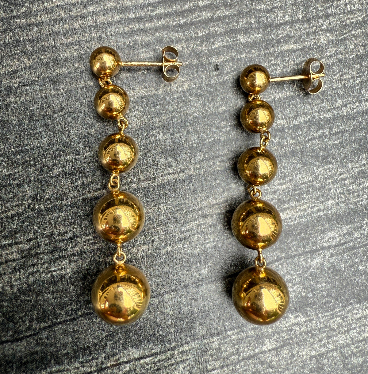 Vintage 18K Gold Ball Long Dangle Earrings, 1.75” Long