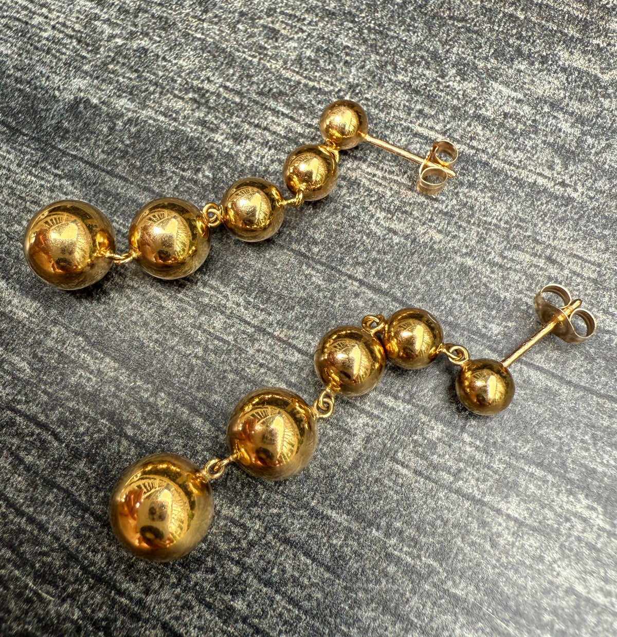 Vintage 18K Gold Ball Long Dangle Earrings, 1.75” Long
