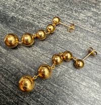 Vintage 18K Gold Ball Long Dangle Earrings, 1.75” Long