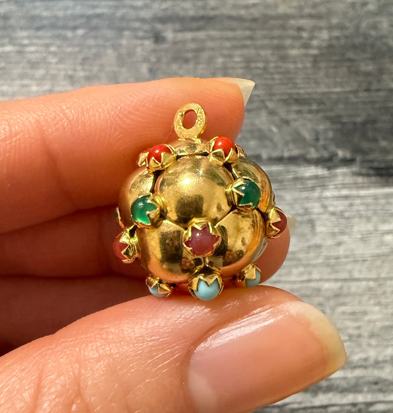 Vintage 18K Gold Bubble Orb Charm with Multicolor Stones