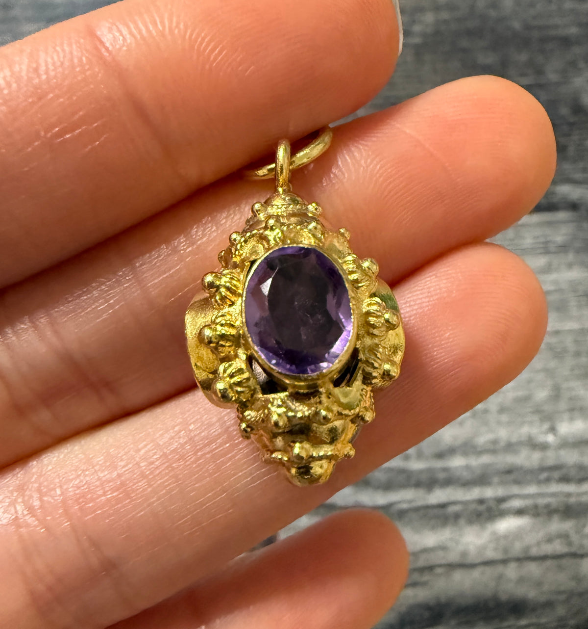 Etruscan Revival Amethyst and 14K Gold Charm