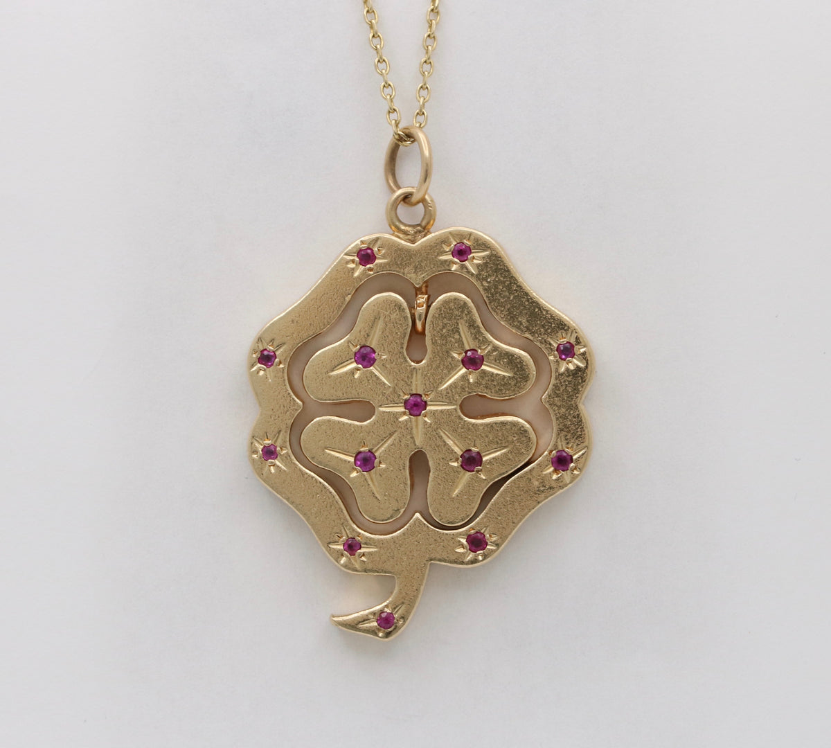 Double-Sided 14K Gold Dangling Four Leaf Clover Charm
