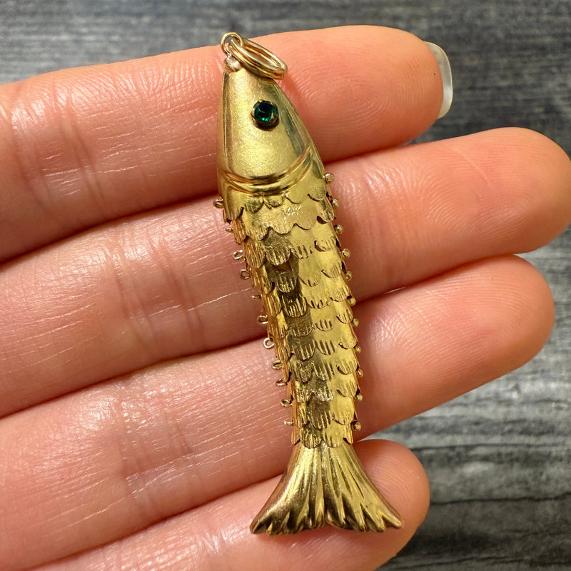 Vintage Articulated 14K Gold Fish Charm with Green Eyes