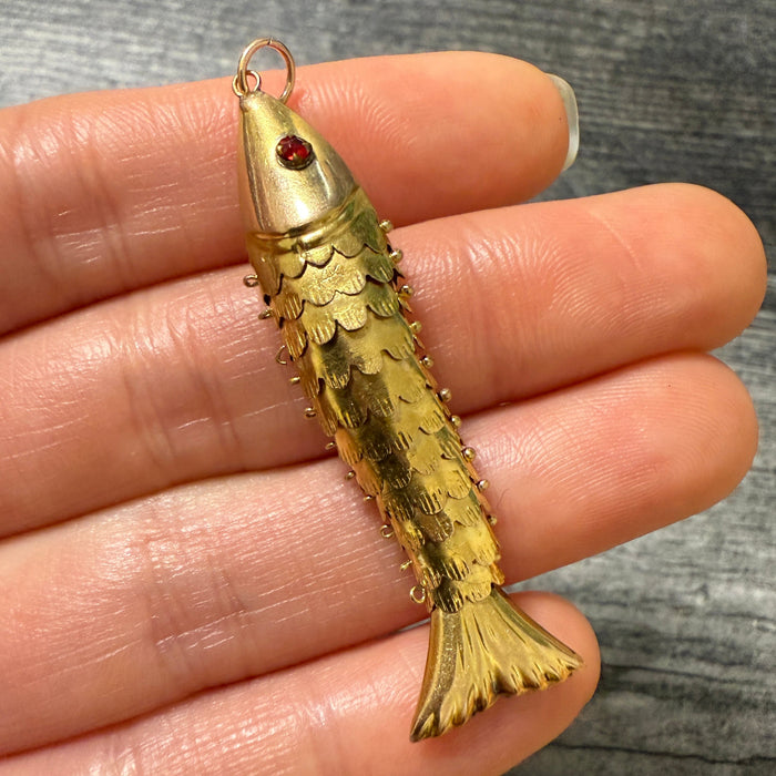 Vintage Articulated 14K Gold Fish Charm with Red Eyes