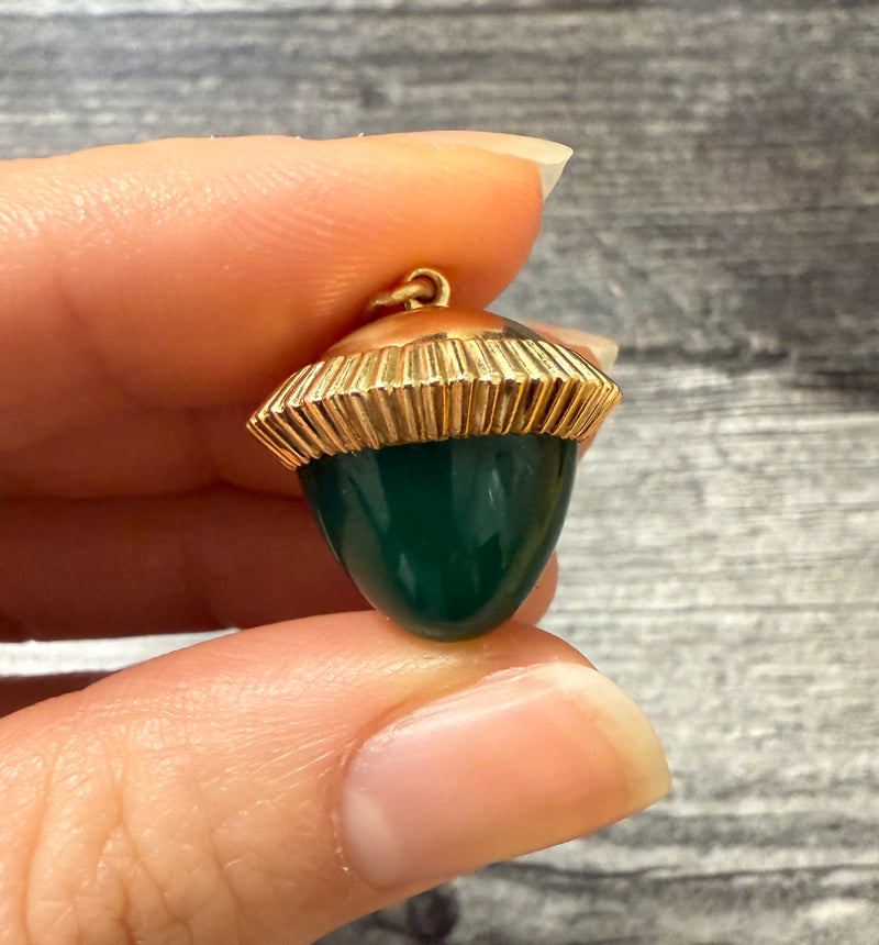 Vintage Carved Green Onyx and 18K Gold Acorn Charm