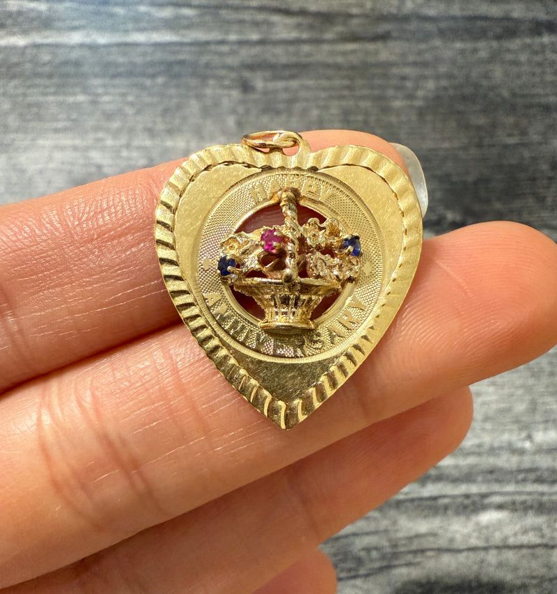 Vintage "Happy Anniversary" 14K Gold Flower Basket Charm