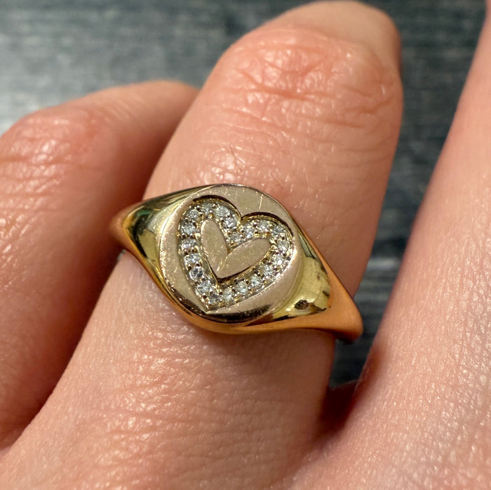 Diamond Heart and 14K Gold Signet Ring