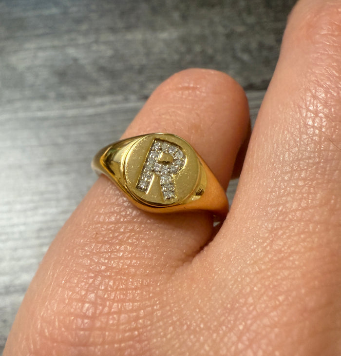 Diamond and 14K Gold Initial "R" Signet Ring