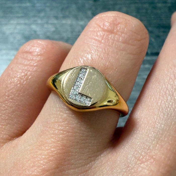 Diamond and 14K Gold initial "L" Signet Ring
