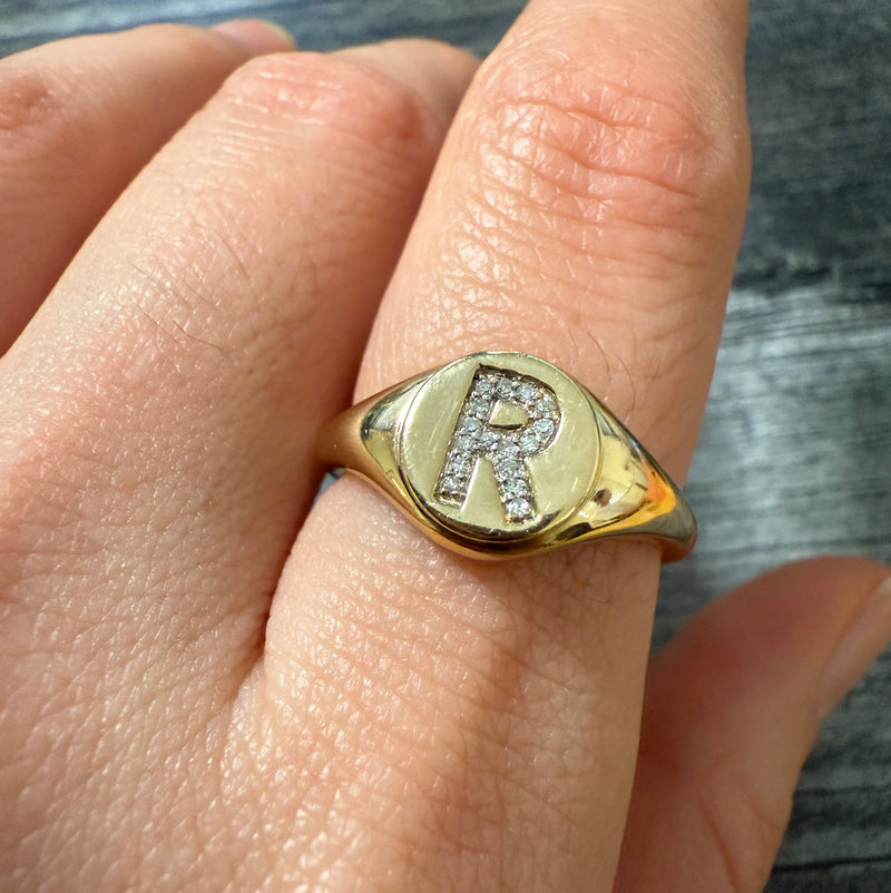 Diamond and 14K Gold Initial "R" Signet Ring