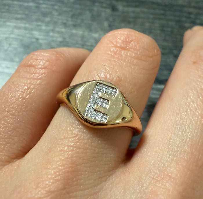 Diamond and 14K Rose Gold Initial "E" Signet Ring