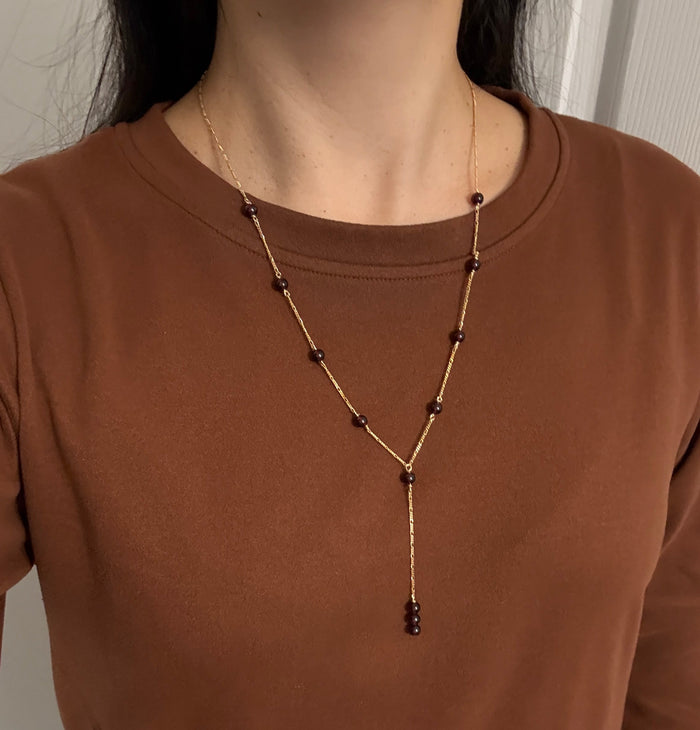 Vintage Garnet Bead Lariat Necklace in 14K Gold