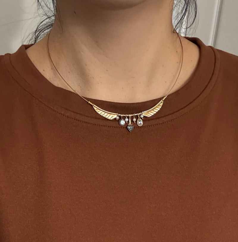 Vintage Feather Motif and Blue Stone Choker Necklace (S)