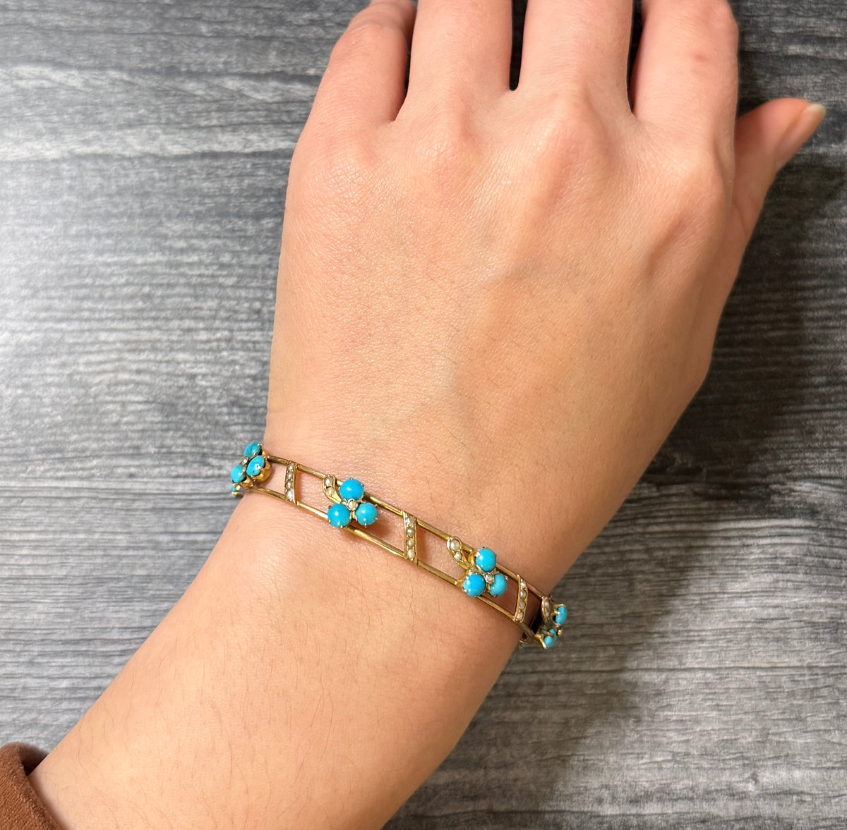 Antique Turquoise and Pearl Clover Bangle Bracelet