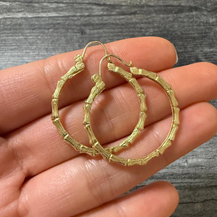Vintage 14K Gold Bamboo Hoop Earrings (A)