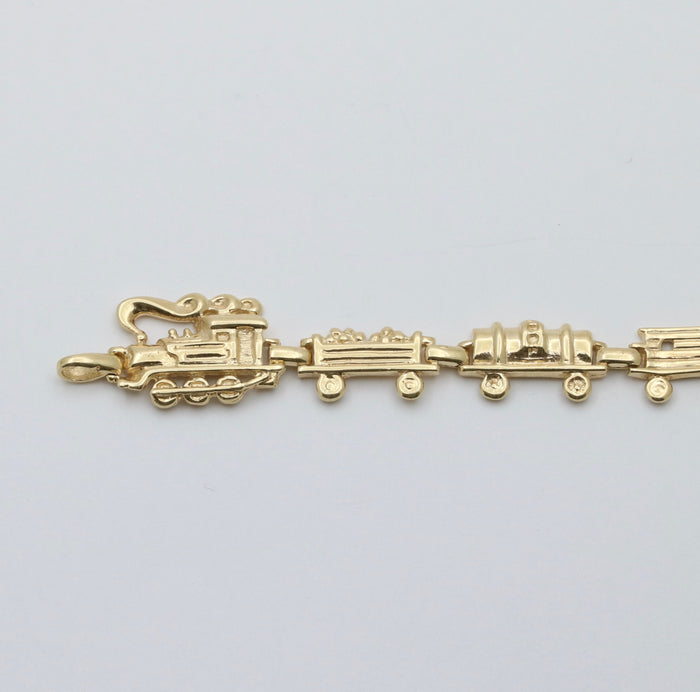 14K Gold Steam Train Bracelet, 7.5” Long