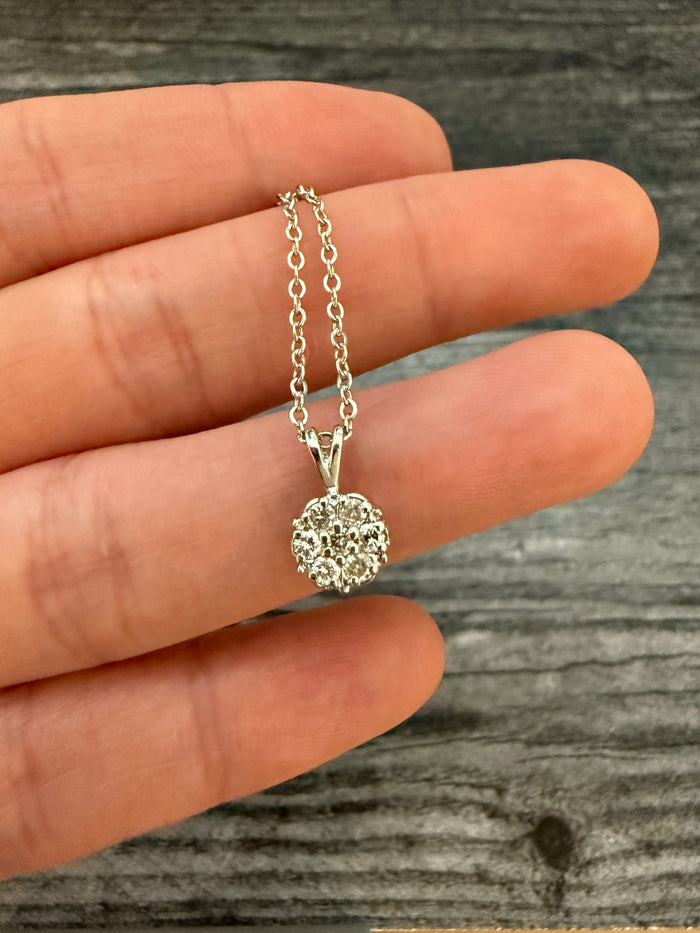 Diamond Cluster and 14K White Gold Necklace, 20" Long