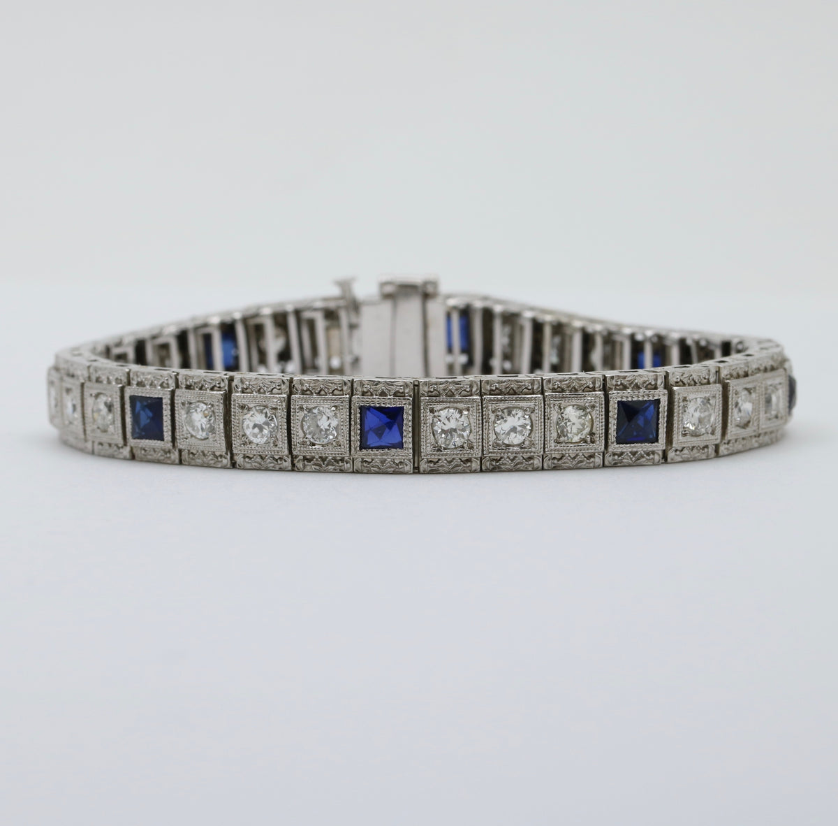 Art Deco Diamond and Man-Made Sapphire 14K White Gold Bracelet