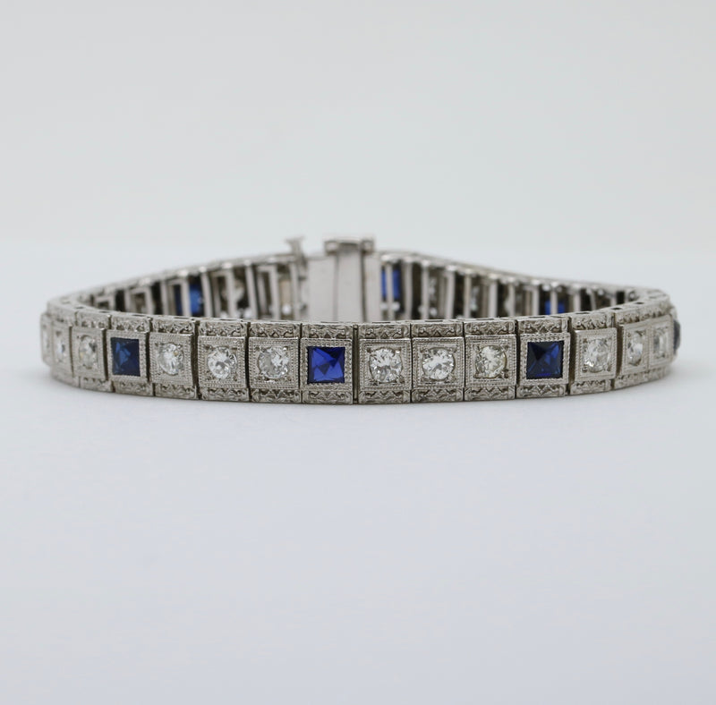 Art Deco Diamond and Man-Made Sapphire 14K White Gold Bracelet