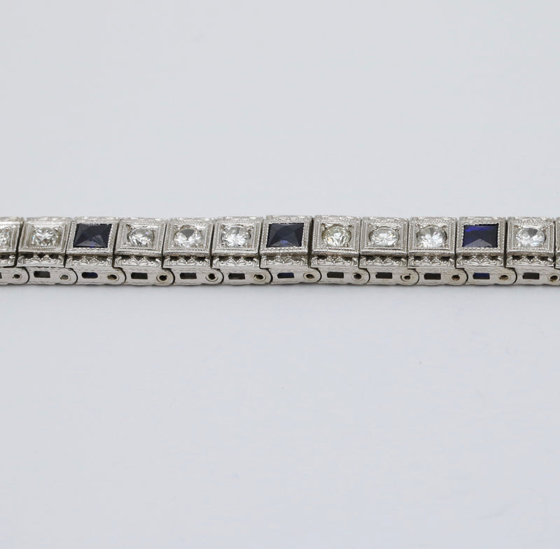 Art Deco Diamond and Man-Made Sapphire 14K White Gold Bracelet