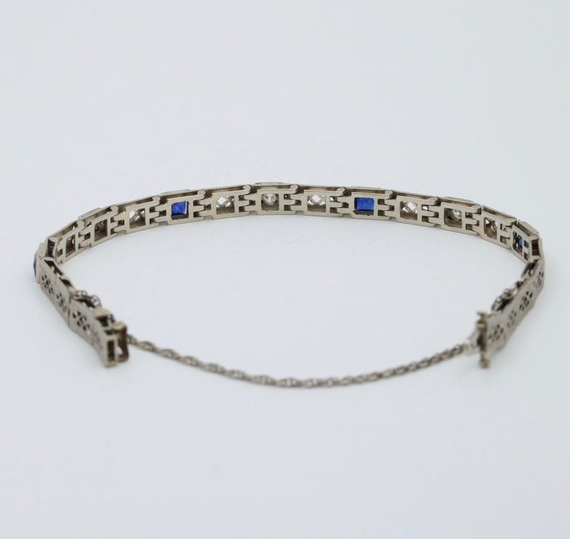 Art Deco Diamond and Man-Made Sapphire Filigree Bracelet