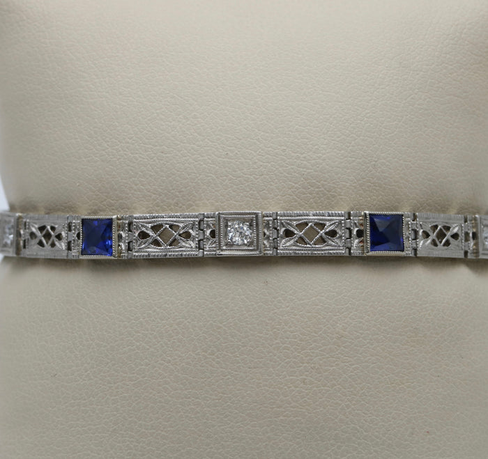 Art Deco Diamond and Man-Made Sapphire Filigree Bracelet