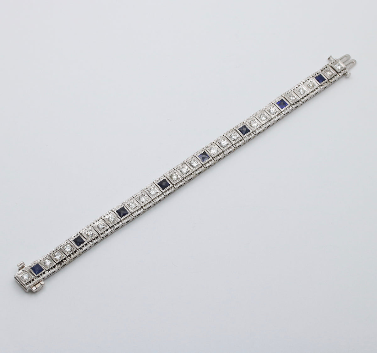 Art Deco Diamond and Man-Made Sapphire 14K White Gold Bracelet