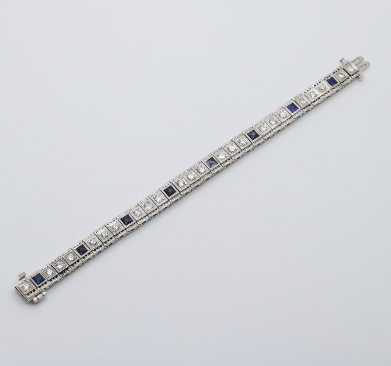 Art Deco Diamond and Man-Made Sapphire 14K White Gold Bracelet