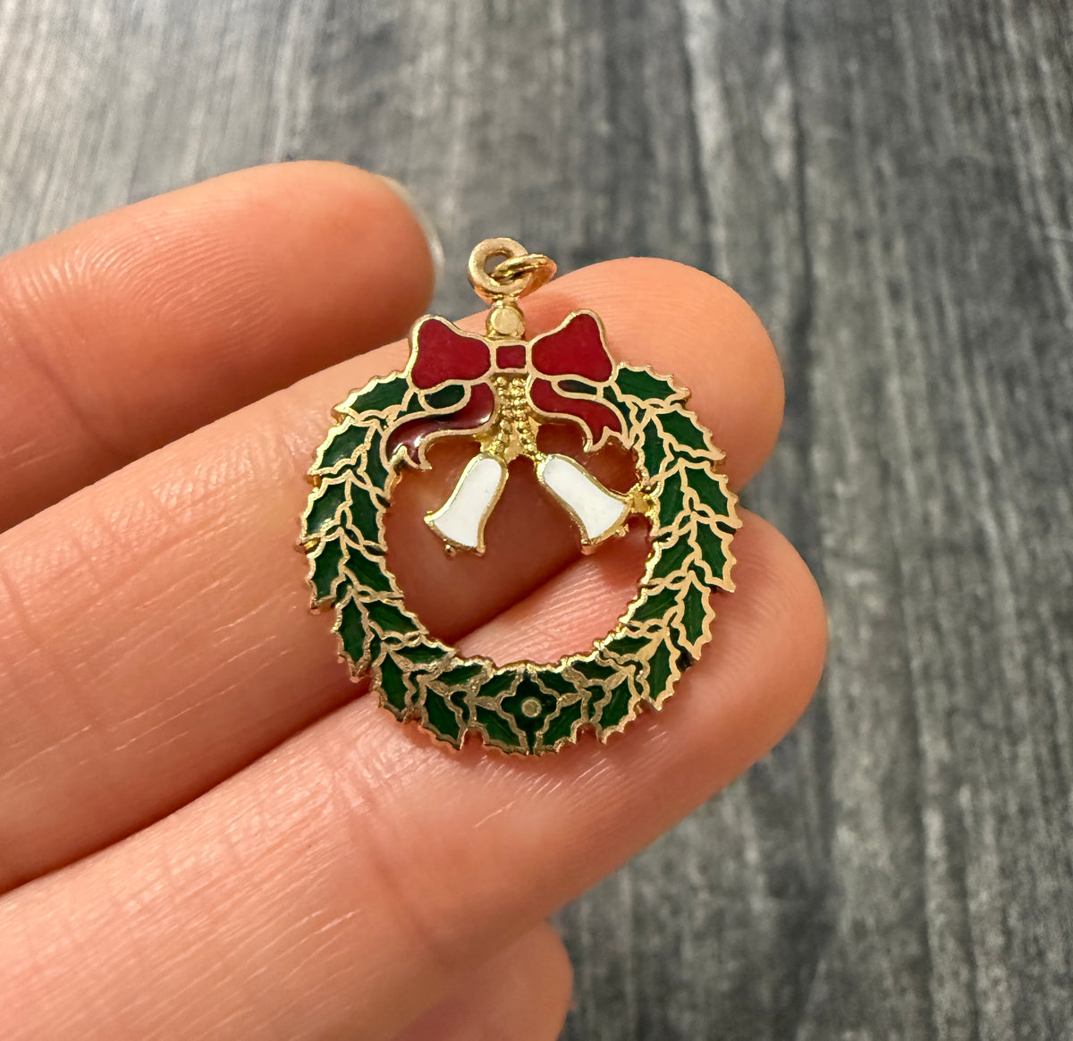 Vintage Enamel and 14K Gold Christmas Wreath Charm