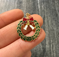 Vintage Enamel and 14K Gold Christmas Wreath Charm