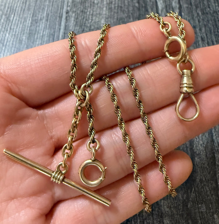 Antique 14K Gold Rope Link Watch Chain, 18" Long