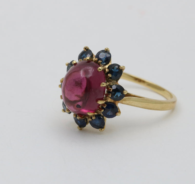 Cabochon Pink Tourmaline and Sapphire Halo 18K Gold Ring