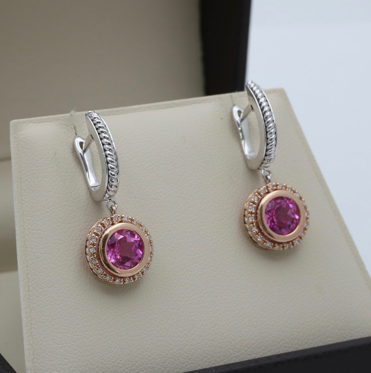 Pink Topaz and Diamond 14K Gold Dangle Earrings