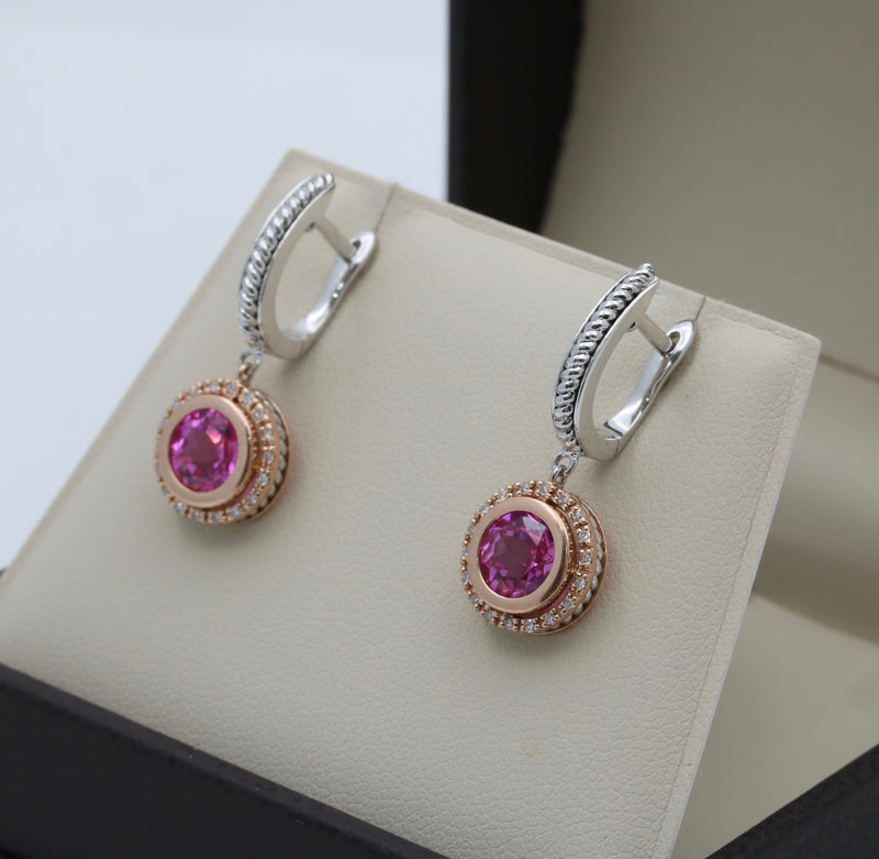 Pink Topaz and Diamond 14K Gold Dangle Earrings