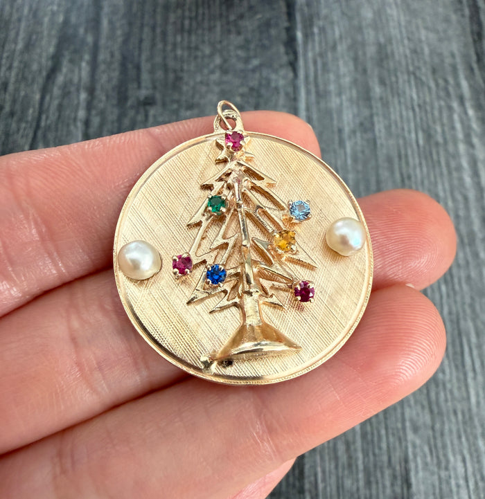 Vintage 14K Gold Multicolor Stone Christmas Tree Charm