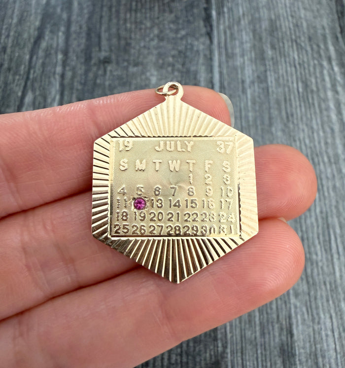 Vintage 14K Gold Engine Turned July 12 Calendar Charm