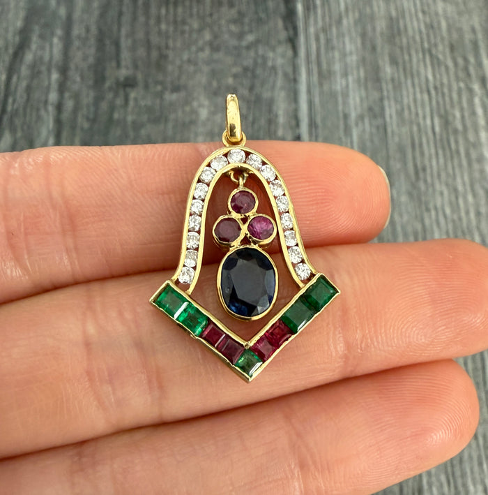 Vintage Bell Shaped Pendant with Sapphires, Rubies, and Diamonds